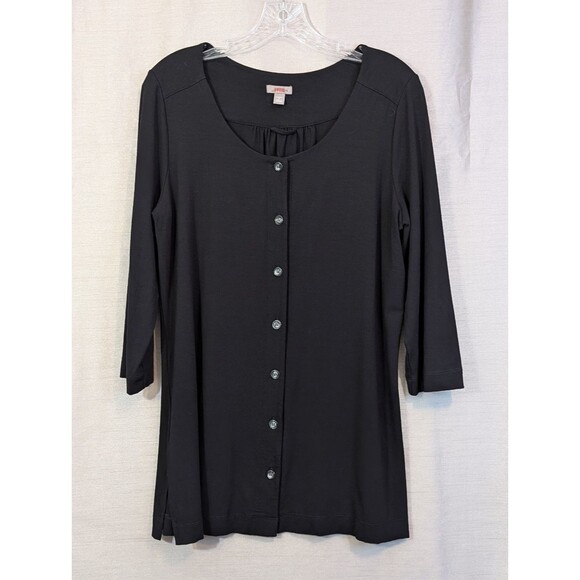 J. Jill Stretch Women's MEDIUM Button-Front Tunic, Black Rayon Knit 3/4 Sleeve - Picture 1 of 16